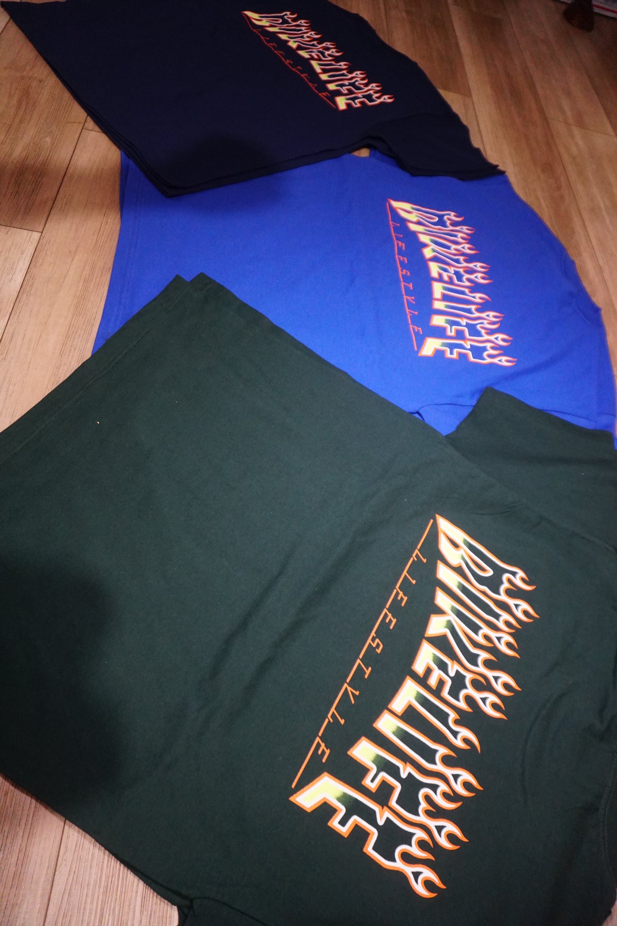 BLLS 🔥 “FLAME ‘EM UP” SHIRT (PINE GREEN/ ORANGE/ SAFETY YELLOW)