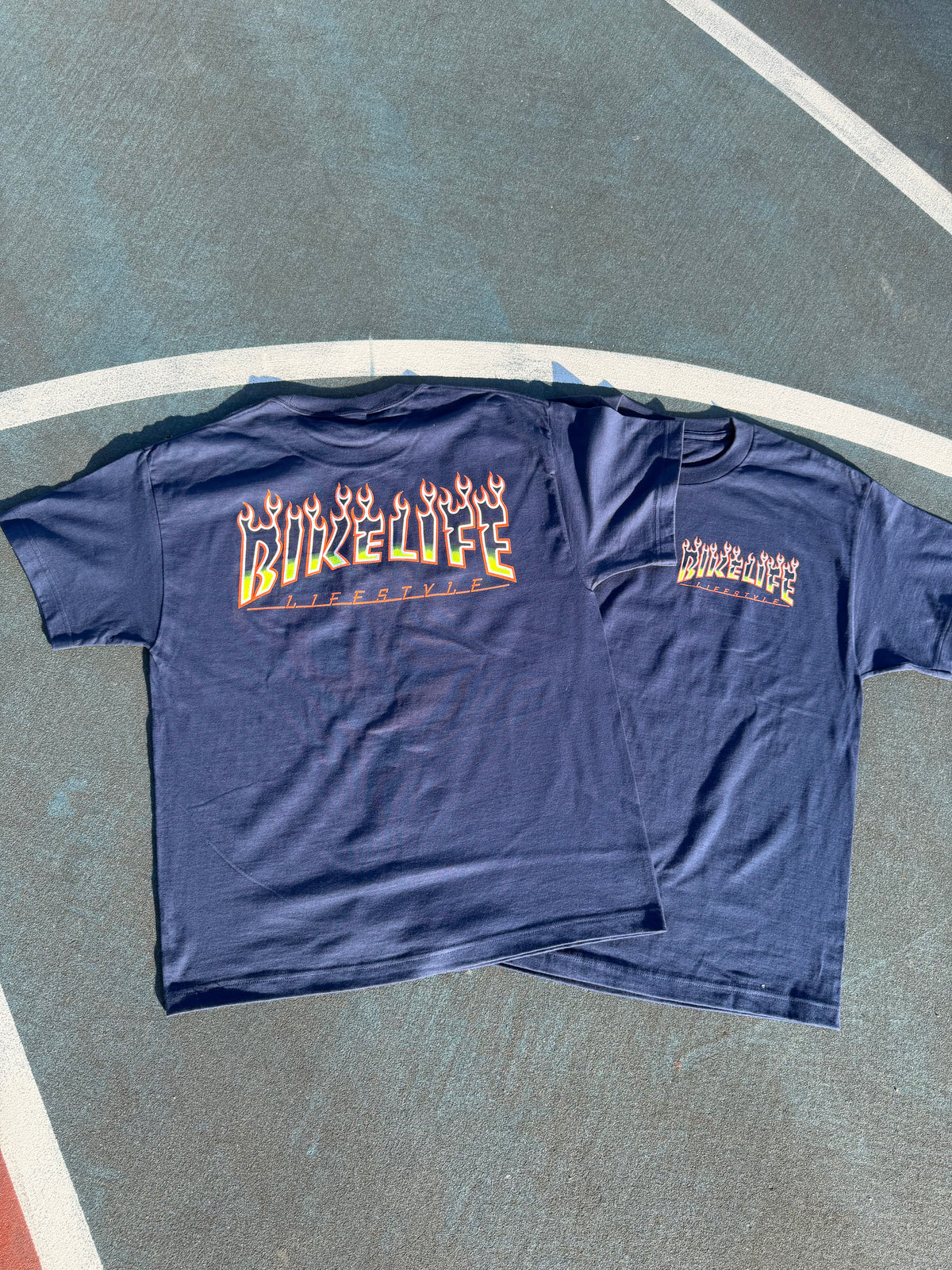 BLLS 🔥 “FLAME ‘EM UP” SHIRT (NAVY/ ORANGE/ SAFETY YELLOW)